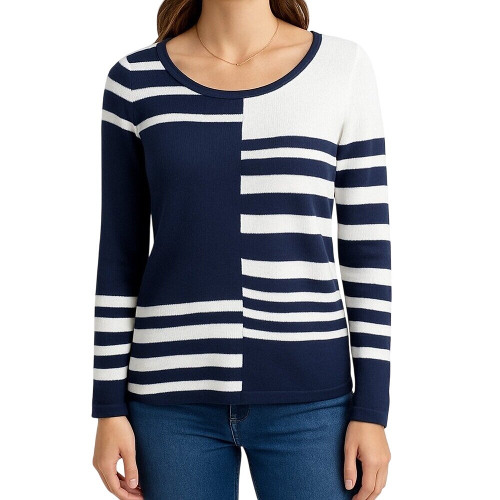 Chicos Womens S Navy White Striped Cotton Sweater Long Sleeve Nautical Top